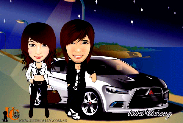 Digital Caricature Drawing - Night Racer Lovely Couple Theme